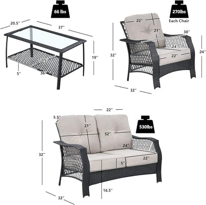 HAPPYGRILL 4 Pieces Patio Conversation Set Outdoor Rattan Sofa Set with Cushions and Coffee Table with Storage Shelf, Rattan Wicker Patio Furniture Set for Backyard Garden Poolside