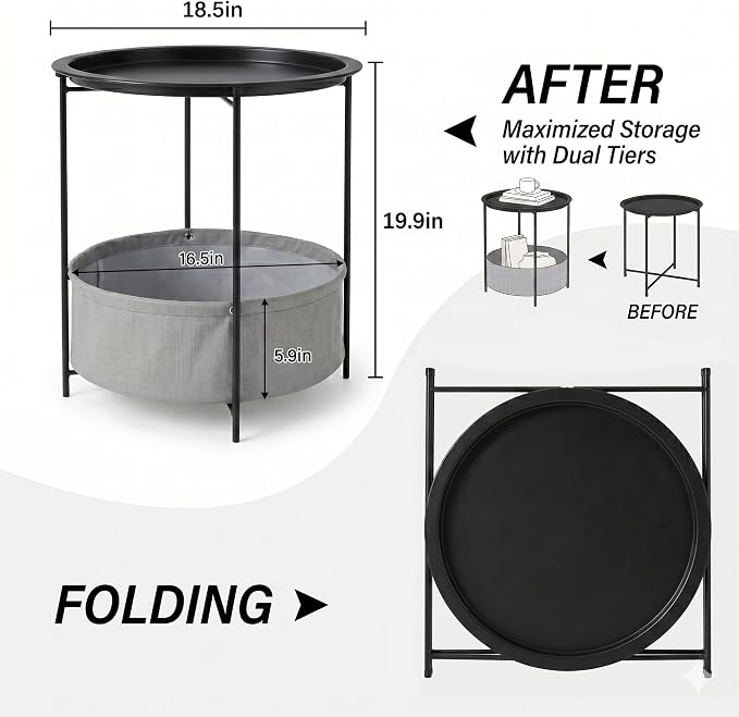 VECELO Round Side/End Table with Fabric Storage Basket，Metal Anti-Rust and Waterproof Small Bedside Nightstand with Removable Tray Top for Living Room，Balcony & Laundry，Black /2pcs with Basket