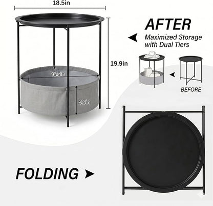 VECELO Round Side/End Table with Fabric Storage Basket，Metal Anti-Rust and Waterproof Small Bedside Nightstand with Removable Tray Top for Living Room，Balcony & Laundry，Black /2pcs with Basket