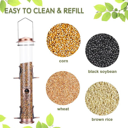 Metal Bird Feeder Tube Hanging Wild Bird Seed Feeder Aluminum Six Port Bird Feeders,1.4 mm Extra Thick Solid Tube Transparent with Steel Hanger Great for Attracting Birds (Antique Copper 2PK)