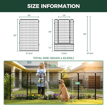 FXW Garden Fence Outdoor for the Yard – 50in(H) x 62.6ft(L) Heavy Duty Metal Animal Barrier for Dog, No Dig Decorative Dog Fence, 24 Panels, Black