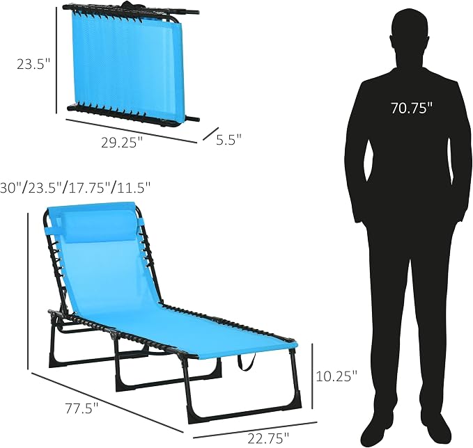 Outdoor Lounge Chair, Tanning Chair with Sunshade Roof, Adjustable Backrest Folding Chaise Lounge with Pillow Headrest for Outside, Beach, Camping, Hiking (No Sunshade Roof, Blue)