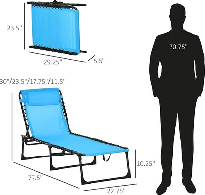 Outdoor Lounge Chair, Tanning Chair with Sunshade Roof, Adjustable Backrest Folding Chaise Lounge with Pillow Headrest for Outside, Beach, Camping, Hiking (No Sunshade Roof, Blue)