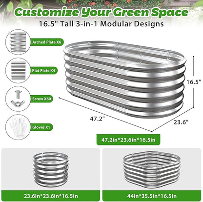 YSEJOMP 17" Tall Outdoor Garden Raised Garden Bed Kits, 4ft X 2ft Oval,0.8MM Thick Metal Raised Planter Bed/Ground Planter Box for Variety of Flowers,Herbs,Vegetables (Silver, 48X24X16.5 Inches)