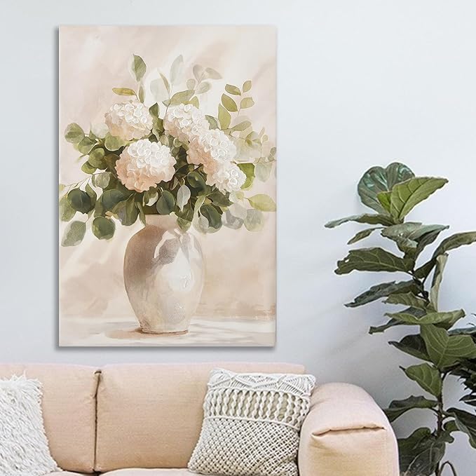 Hand painted Rustic Farmhouse Flower Canvas Wall Art, White Hydrangeas Wall Decor Pictures ,Soothing Calming Nature Botanical Vintage Floral Country Prints Artwork for Bedroom Living Room 16x24in