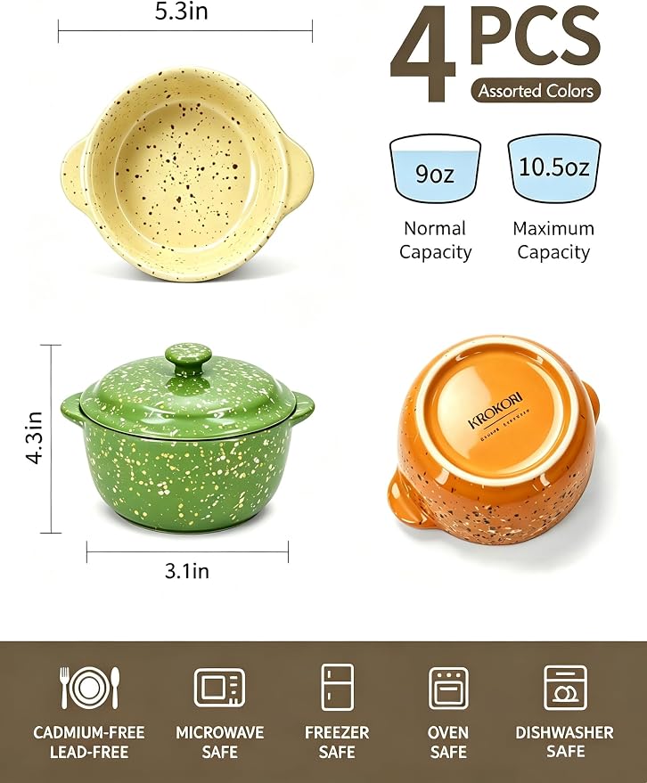 Oven-Safe 4-Pack Mini Ceramic Casserole Dishes (10 Oz Each) - With Lids & Handles - Ideal for Souffle, Soup, Cobbler, Stoneware Baking Ramekins for Individual Servings,Green