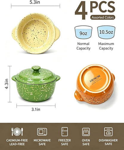 Oven-Safe 4-Pack Mini Ceramic Casserole Dishes (10 Oz Each) - With Lids & Handles - Ideal for Souffle, Soup, Cobbler, Stoneware Baking Ramekins for Individual Servings,Green