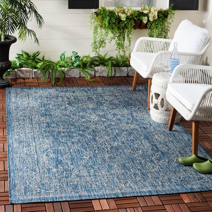 SAFAVIEH Washable Rug Outdoor Courtyard Collection - 4' x 5'7", Navy & Ivory, Non-Shedding & Easy Cleaning, Ideal for Patio, Backyard, Mudroom (CY8680-36821)