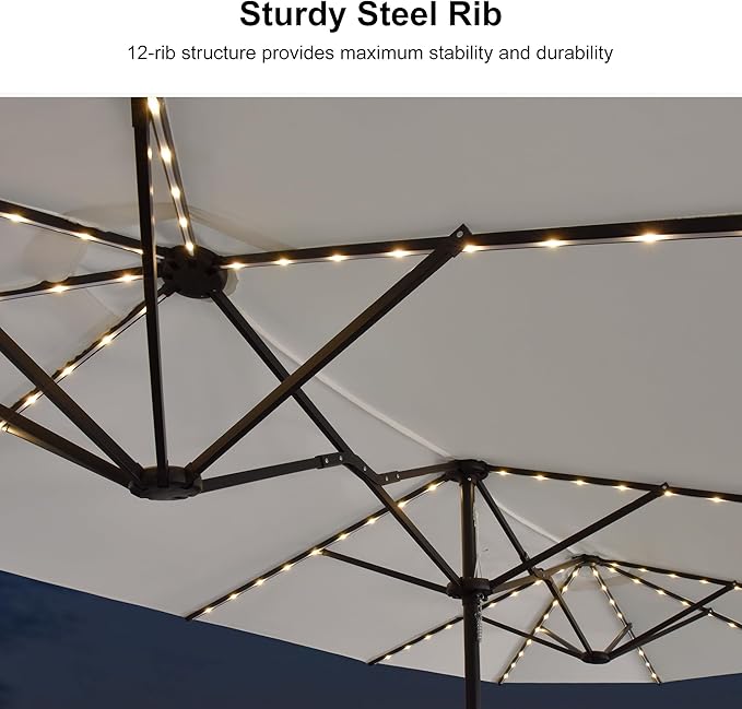 PURPLE LEAF 14ft Patio Market Umbrella with Solar LED and Base Double-Sided Rectangle Outdoor Table Sun Umbrellas with Crank for Pool Beach Deck Backyard Cream