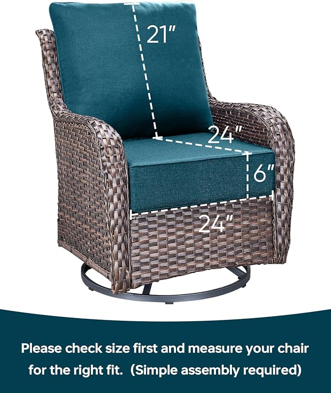 Luxury 24x24x6 Inch Outdoor Seat Cushions - Set of 2 Water Resistant Patio Chair Cushion for Porch Set Rattan Dining Rocker Glider Chairs Loveseat Couch Sectional Sofa - Peacock Blue
