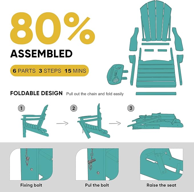 Adirondack Chair Set of 2, HDPE Folding Adirondack Chair with Multifunctional Cup Holder, Weather Resistant Fire Pit Chair for porches, patios, patios, poolsides, Decks.
