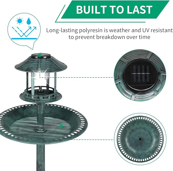 Outvita Outdoor Bird Bath, Garden Bird Baths Decorations with Solar-Powered Lamp and Resin Pedestal Flower Planter Base Bird Feeder for Yard Patio
