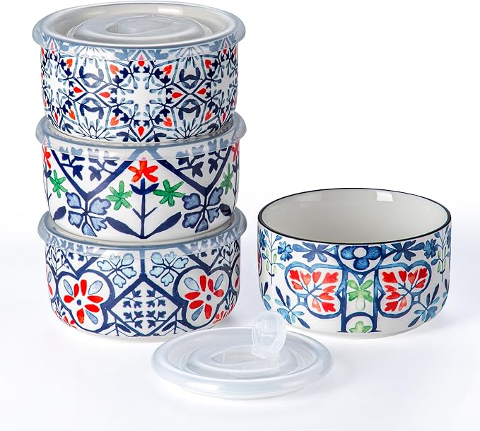 Ceramic Bowl with Lid, Microwave Safe, Set of 4 | Food Storage Containers for Soup, Meal Prep, Cereal, Salad Leftovers - Picnic, Camping, Office Lunch - 20 oz, Blue-Pattern