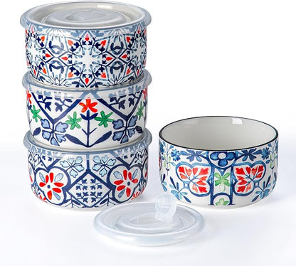 Ceramic Bowl with Lid, Microwave Safe, Set of 4 | Food Storage Containers for Soup, Meal Prep, Cereal, Salad Leftovers - Picnic, Camping, Office Lunch - 20 oz, Blue-Pattern