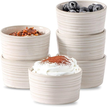 Hasense Ramekins 6 oz, Ceramic Creme Brulee Ramekins Oven Safe, Rustic Souffle Custard Cups for Baking, Dipping, Sauce, Desserts, Ice Cream, Set of 6, Clay-Infused White