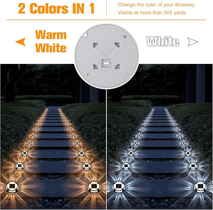 VOLISUN Solar Deck & Driveway Lights, 12 Pack 2-in-1 Color (White/Warm White), Waterproof, Pathway Markers