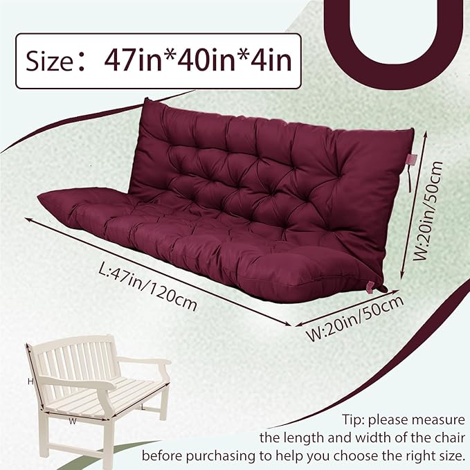 2/3 Seater Swing Replacement Cushion, Waterproof Porch Swing Cushions with Backrest, Thickened Bench Cushions for Outdoor Furniture, for Outdoor Patio Swing (Claret Red, 47 * 40 in)