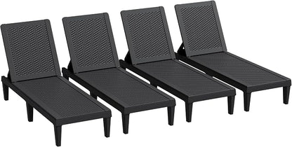 Greesum Outdoor Chaise Lounge Chairs Set of 4 with 5-Position Adjustable Backrest, Waterproof PP Sun Loungers for Garden Pool Beach Patio Deck Sunbathing, Black