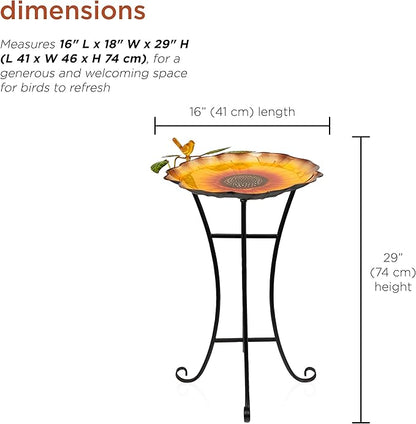 Alpine Corporation ORS882 Outdoor Metal Birdbath w/ Stylish Stand, Sunflower Birdbath Bowl and Stand Set, 29"H, Yellow/Green