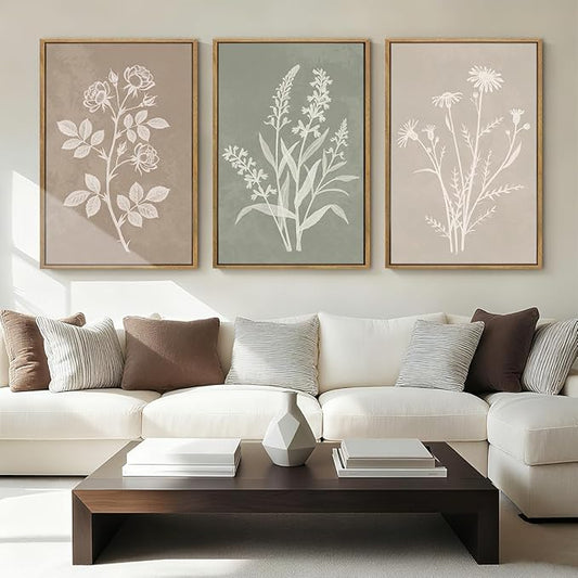 Anyzal Boho Floral Framed Wall Art 12x16 Inch,Farmhouse Flower Botanical Canvas Wall Decor,Retro Floral Art Print,Minimalist Wildflower Boho Plant Artwork for Living Room Bedroom Dining Room Set of 3