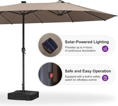 PURPLE LEAF 15ft Patio Market Umbrella with Solar LED and Base Double-Sided Rectangle Outdoor Table Sun Umbrellas with Crank for Pool Beach Deck Backyard Taupe