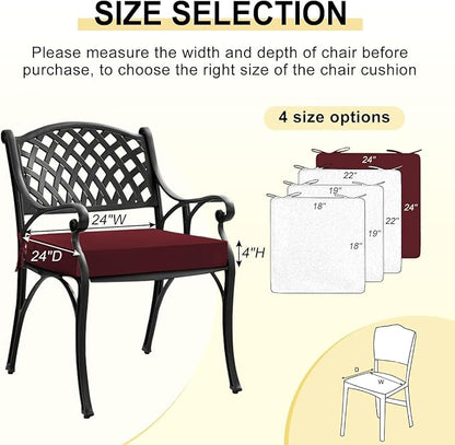 downluxe Waterproof Outdoor Chair Cushions for Patio Furniture, 24" x 24" x 4" Patio Chair Cushion with Adjustable Ties & Portable Handle, Square Outdoor Cushion with Removable Cover, Burgundy, 2 Pack