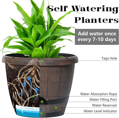 Sun-E 10 Inch Whiskey Barrel Self Watering Planters 3Pack- Brown Wood Grain with Side Water Level Indicator,Drainage Holes,Saucer&Plant Tags for Indoor Outdoor Garden Plants,Decor&Plants Not Included