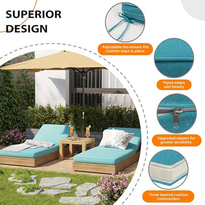 Sundale Outdoor Olefin Chaise Lounge Cushion Set of 2, Water-Resistant Patio Lounge Chair Cushion, Thick Lounger Pad with 4 Straps Teal, 80 x 26 x 4 Inches