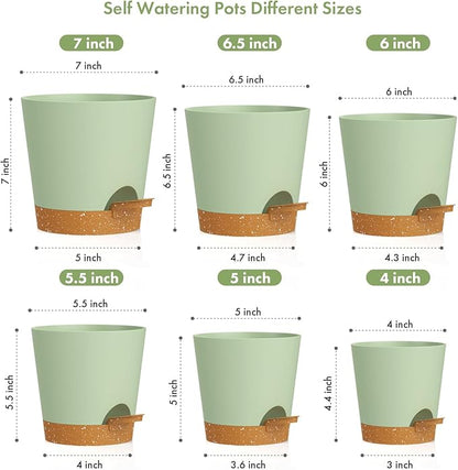 WSMKSZ 7/6.5/6/5.5/5/4 inch Self Watering Pots for Indoor Outdoor Plants, 6 Pack Plastic Flower Planters with Drainage Holes and Removable Saucers, Plant Pots with Wicking Rope, Green Brown