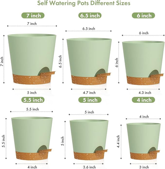 WSMKSZ 7/6.5/6/5.5/5/4 inch Self Watering Pots for Indoor Outdoor Plants, 6 Pack Plastic Flower Planters with Drainage Holes and Removable Saucers, Plant Pots with Wicking Rope, Green Brown