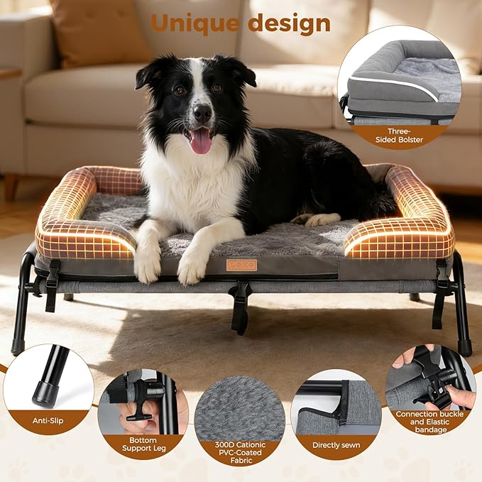 Lekereise Raised Outdoor Medium Dog Bed Cot + Orthopedic Indoor Dog Sofa Bed, 2-in-1 Design,39 x 29 Inch Cooling Elevated Puppy Bed with Egg-Crate Orthopedic Foam Load 70lbs