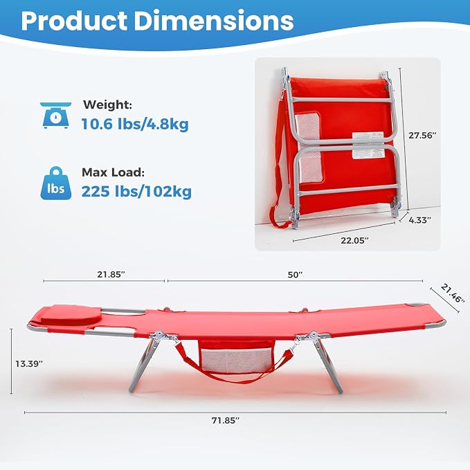 DUMOS Lounge Chair Outdoor, Beach Tanning Chair with Face Hole, Red | 5-Position Adjustable Sunbathing Tanning Chair, Foldable Portable Chaise Lounge by Pool Patio Lawn Camping Reading, Arm Hole