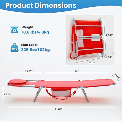 DUMOS Lounge Chair Outdoor, Beach Tanning Chair with Face Hole, Red | 5-Position Adjustable Sunbathing Tanning Chair, Foldable Portable Chaise Lounge by Pool Patio Lawn Camping Reading, Arm Hole
