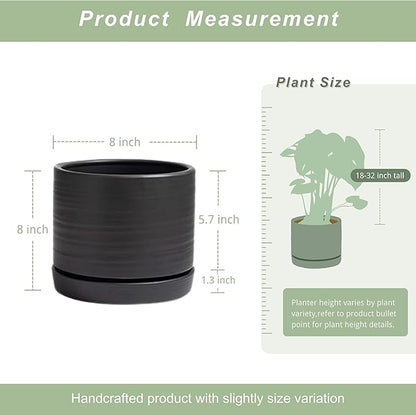 HERDUK 8 Inch Pots for Plants, Ceramic Planter Pot with Drainage Hole & Saucer, Indoor/Outdoor Cylinder Round Planter Pot, Matte Black