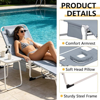 HRVEOCEI 3-in-1 Sun Tanning Chair with Face Hole,Adjustable 5-Position Folding Laying Out Chairs for Tanning,Outdoor Face Down Beach Lounger Sun Bathing Lounge Chair for Pool Deck Patio (Grey)