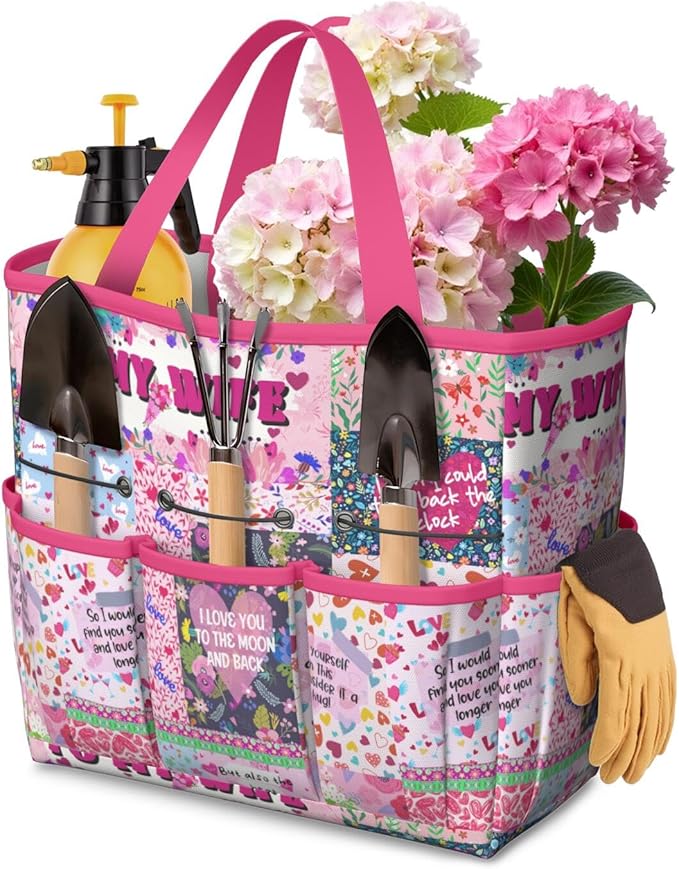 Boho Garden Tool Bag - Waterproof Floral Garden Tote with 8 Pockets, Large Storage Home Organizer Gardening Tool Oxford Bag for Garden Tools Kits Holder, Ideal Outdoor Gardening Gift for Women & Men