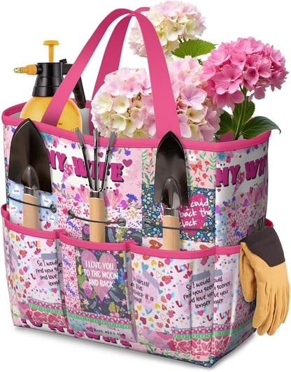 Boho Garden Tool Bag - Waterproof Floral Garden Tote with 8 Pockets, Large Storage Home Organizer Gardening Tool Oxford Bag for Garden Tools Kits Holder, Ideal Outdoor Gardening Gift for Women & Men