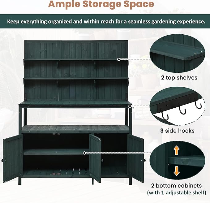 Christopher Knight Home Belfast 50.20" W Outdoor Potting Bench Table, Fir Wood Potting Table, Large Gardening Workstation with Storage Shelf, Ample Space Garden Tools Organizer for Backyard, Green