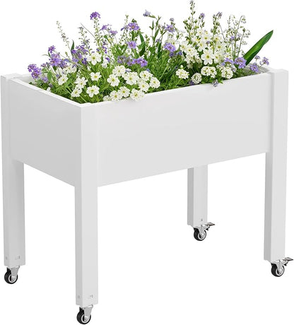 Elevated Raised Garden Bed with Wheels - Outdoor Mobile Resin Planter Box with Drainage Holes for Vegetables Flower Herbs, Weather Resistant (White)