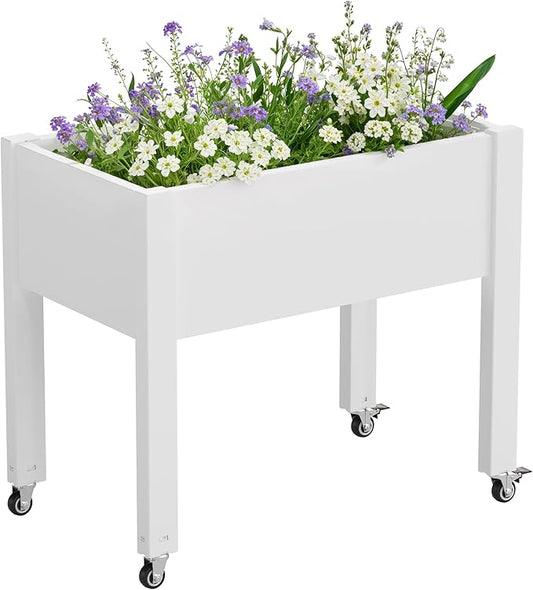 Elevated Raised Garden Bed with Wheels - Outdoor Mobile Resin Planter Box with Drainage Holes for Vegetables Flower Herbs, Weather Resistant (White)