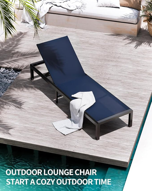 Aluminum Lounge Chairs Outdoor Chaise Furniture,2 Sets Patio Metal Deck Lounger Adjustable 5-Position Poolside Chase Recliner with Wheels for Beach,Coffee Table, (NavyBlue, 1 Chair)