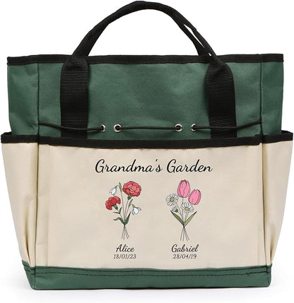 Personalized Garden Tools Set for Women: Custom Text Garden Tool Bag and Garden Shovel & Transplant Shovel & Hand Rake - Gardening Gifts for Mom Grandma Gardening Lover (2 Flowers)
