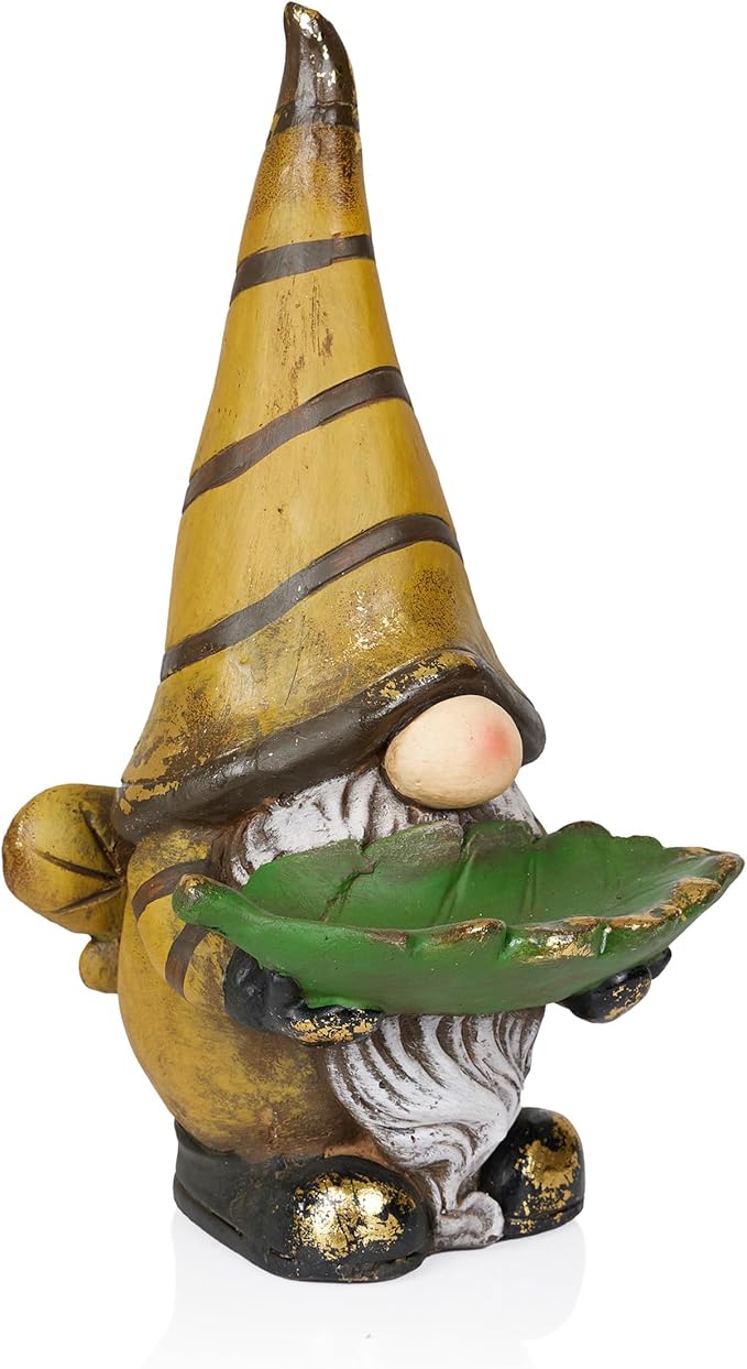 Alpine Corporation MCC854 Vintage Gnome Holding Leaf Bird Feeder with Hat, Playful Decor for Garden & Patio, 19" H, Yellow