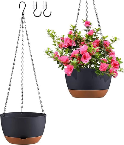 Set of 2 Hanging Planters for Indoor Outdoor Plants, 10 Inch Self-Watering Hanging Flower Pots with Drainage Hole & Removable Water-Storage Tray (Hooks)