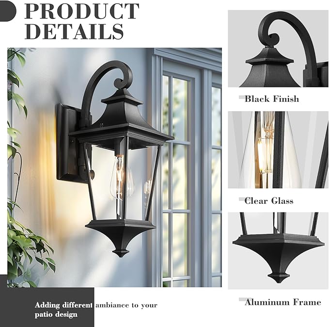 Emliviar Outdoor Porch Light, 21.1 Inch Modern Outdoor Wall Light for House Porch, Clear Glass in Black Finish, XE292B-M BK