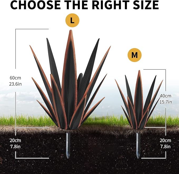 KODIBO Large Tequila Rustic Sculpture, Rustic Metal Agave Plants for Outdoor Patio Yard, Home Decor Hand Painted Metal Agave Garden Yard Statue, Outdoor Lawn Ornaments Yard Stakes (Black -L)