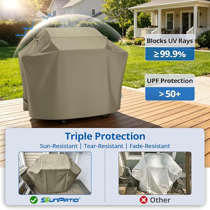 SunPatio Gas Grill Cover 60 Inch, Heavy Duty Waterproof Outdoor Barbecue Cover with Sealed Seam, FadeStop Material, All Weather Resistant Compatible for Weber CharBroil Nexgrill Grills and More, Taupe