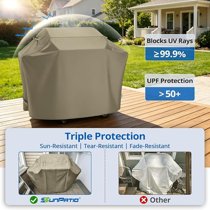 SunPatio Gas Grill Cover 60 Inch, Heavy Duty Waterproof Outdoor Barbecue Cover with Sealed Seam, FadeStop Material, All Weather Resistant Compatible for Weber CharBroil Nexgrill Grills and More, Taupe