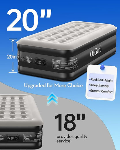 OhGeni 20" Twin Air Mattress with Built in Pump, Portable Blow up Mattress, 72Hr Leak-Proof Test Airbed for Guests & Home, Ideal for Single Person, Better to Get up, 300LBS