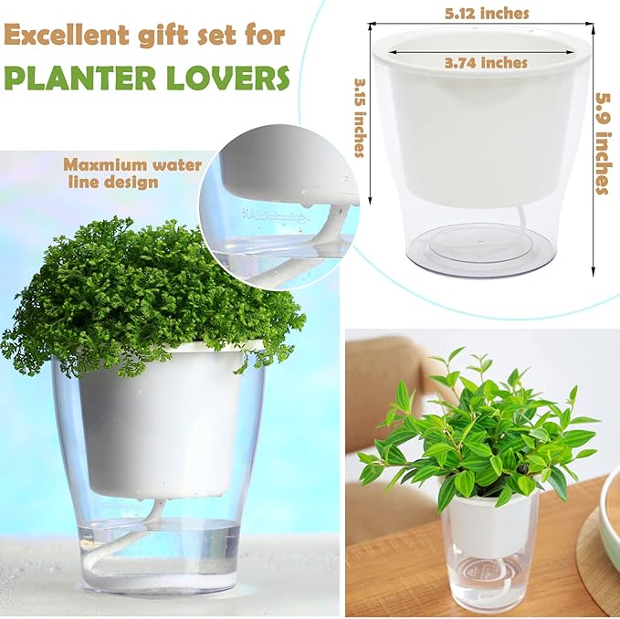 5-Pack 5.1 Inches Clear Self-Watering Planters African Violet Pots Plastic Wicking Flower Pots for Indoor Plants, Herbs, African Violet, Ocean Spider Plant, Orchid Garden Pot